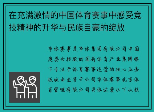 在充满激情的中国体育赛事中感受竞技精神的升华与民族自豪的绽放